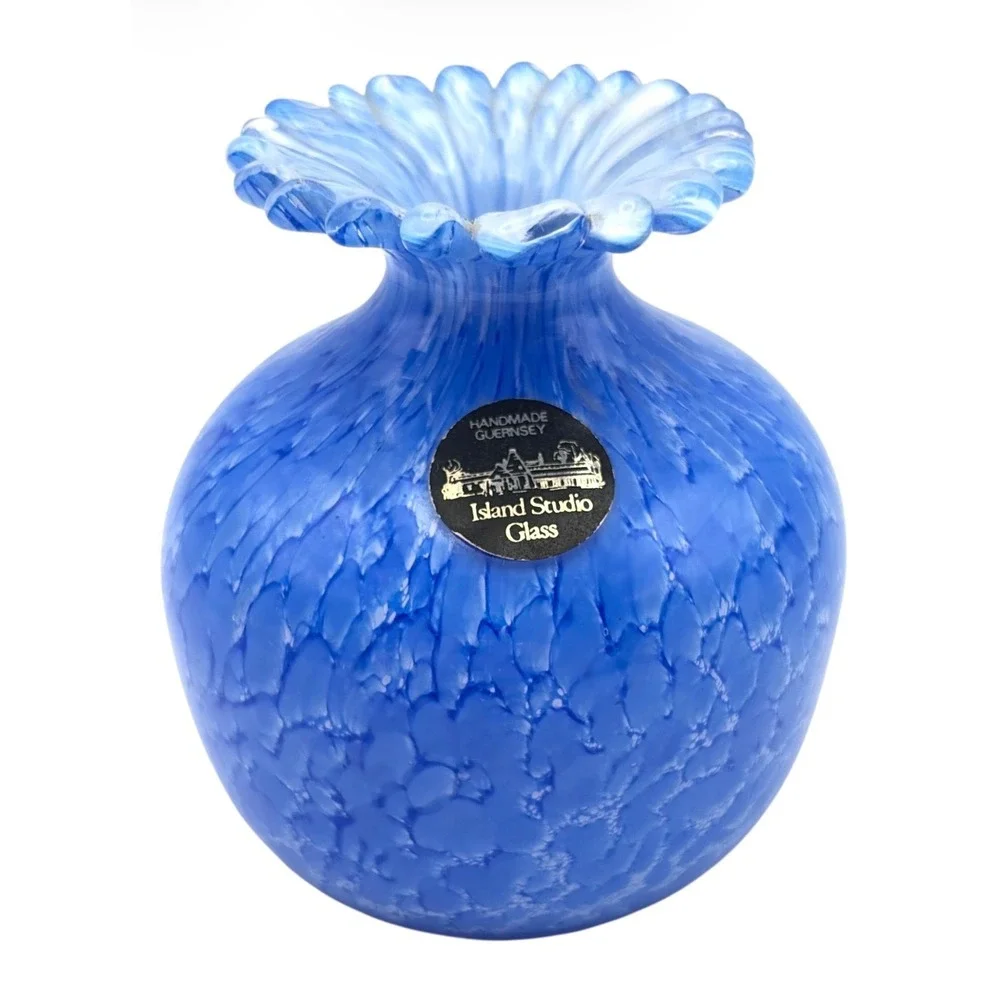 Vintage Island Studio Glass Guernsey Blue Mottled Art Glass Vase Ruffled Rim